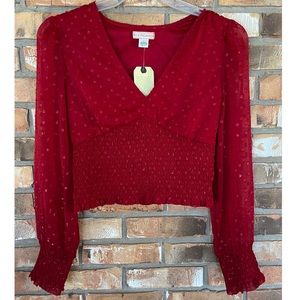 B.O.G Collective Red Sheer Shimmer Crop Top Smocked Bubble Sleeve NWT Large